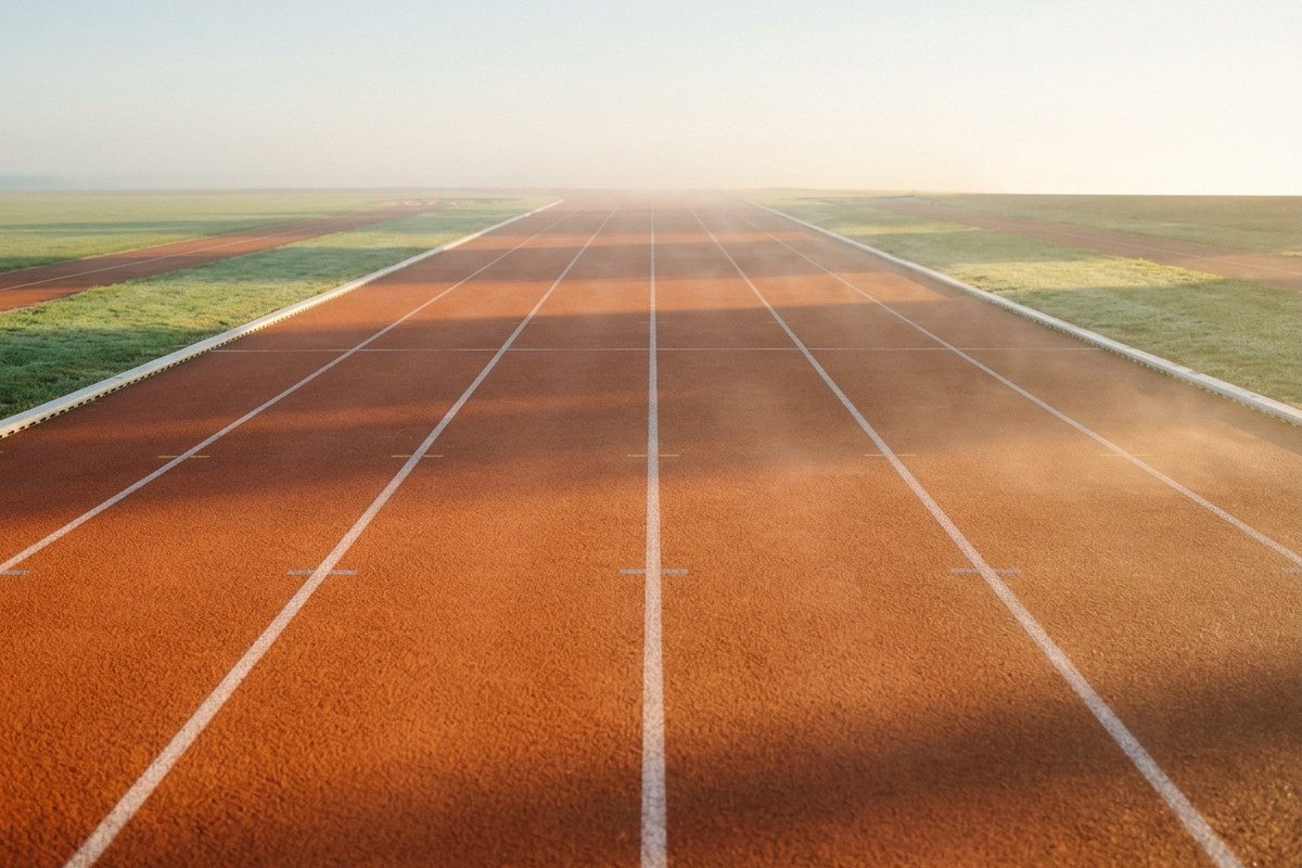 Piste d'athlétisme vide et brumeuse au lever du jour