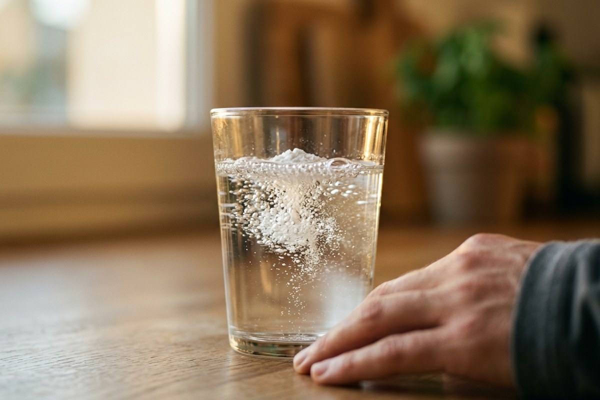 Verre d'eau avec du bicarbonate en train de se dissoudre, lumière du matin