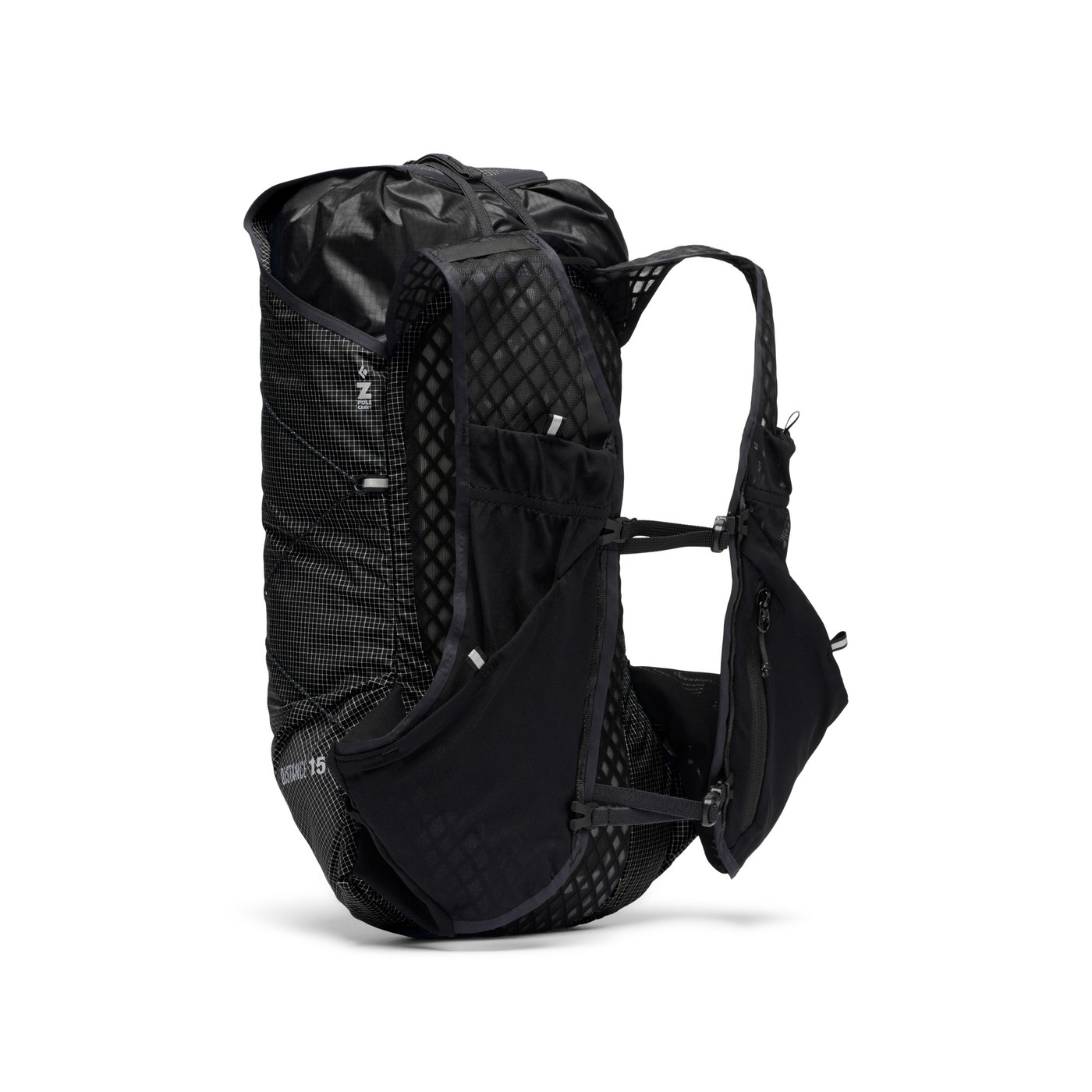 Black Diamond Distance 15 - profil latéral avec système harness vest et Z-Pole Carry