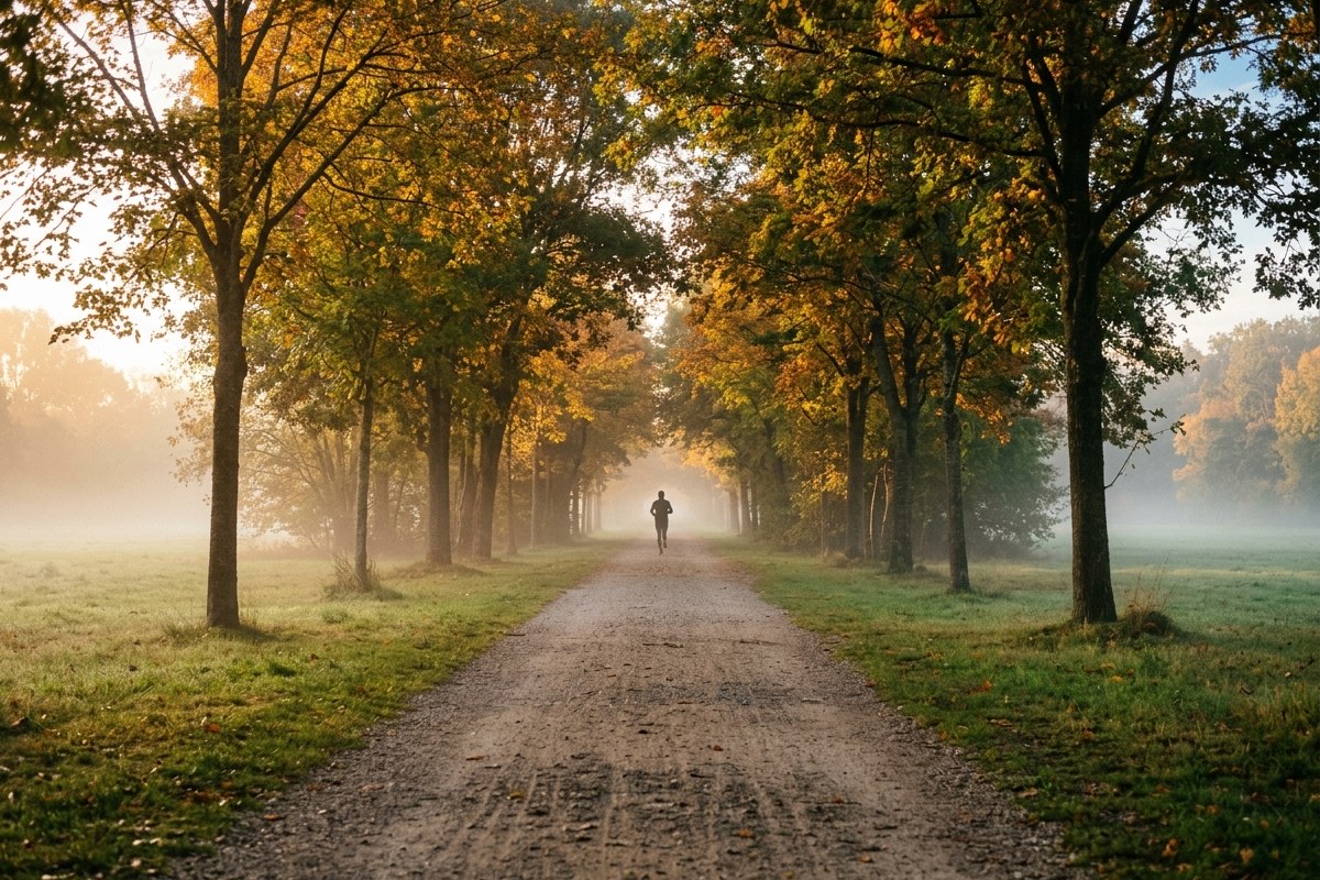 Sentier de parc brumeux à l'aube avec un coureur au loin en cette rentrée de septembre