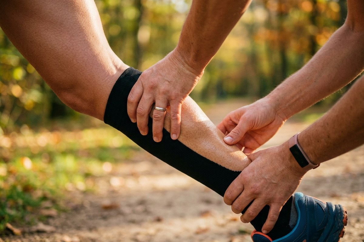 Mains massant le mollet et le tendon d'Achille d'un coureur après une sortie