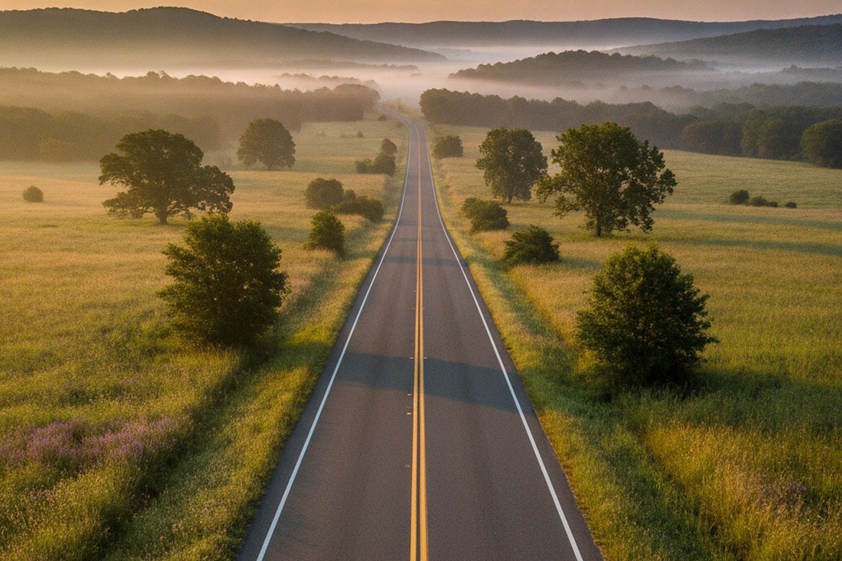 Route de campagne vide au lever du soleil, paysage estival pour une sortie en endurance fondamentale