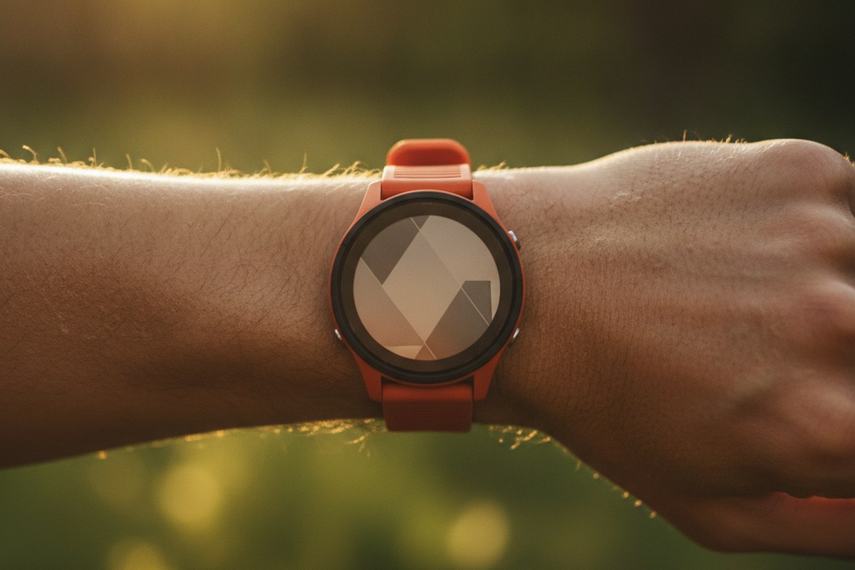 Montre GPS au poignet d'un coureur sous la lumière dorée du soleil d'été
