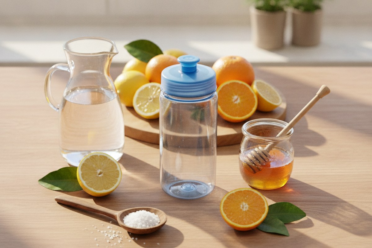 Ingrédients d'une boisson de l'effort maison sur un plan de travail ensoleillé : eau, citron, orange, miel et sel