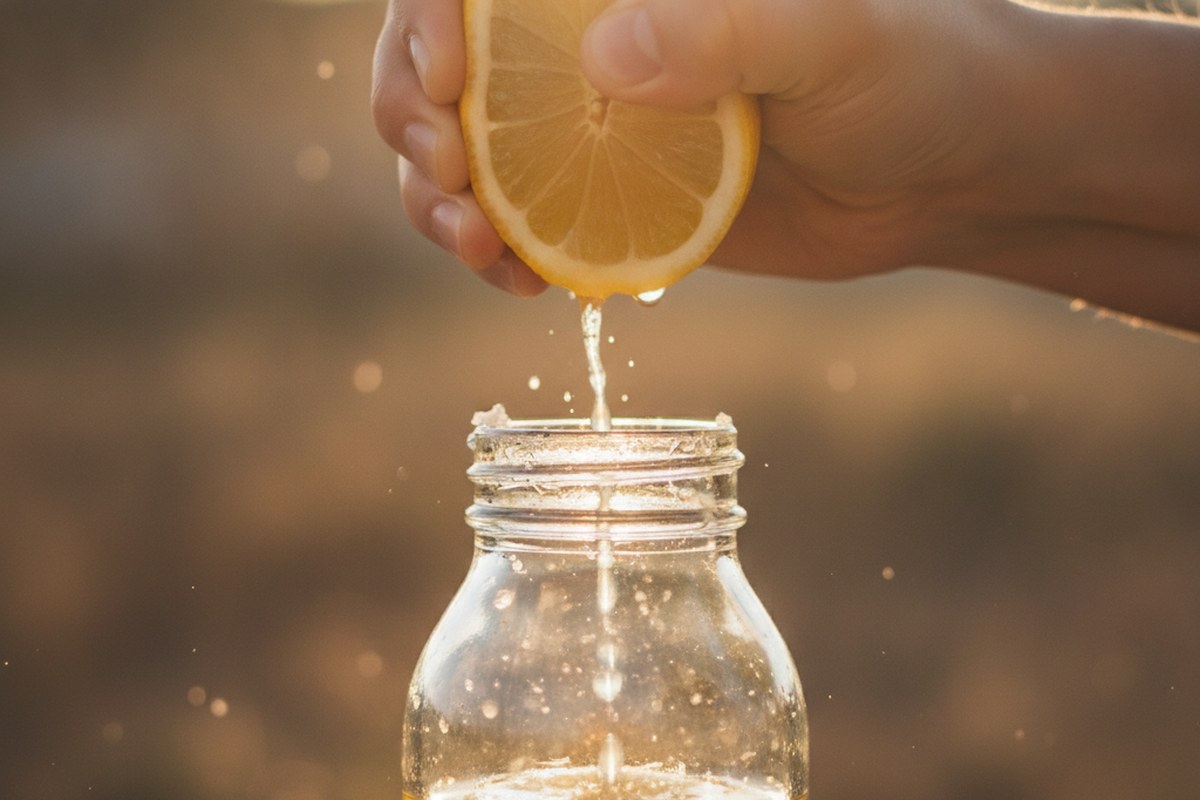 Jus de citron pressé au dessus d'un bocal en verre rempli d'eau, en contre-jour doré