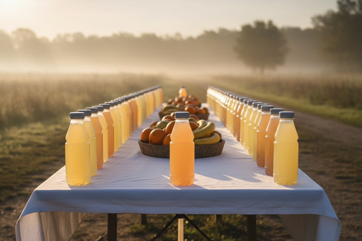 Table de ravitaillement avec rangées de bidons de boisson isotonique au lever du jour