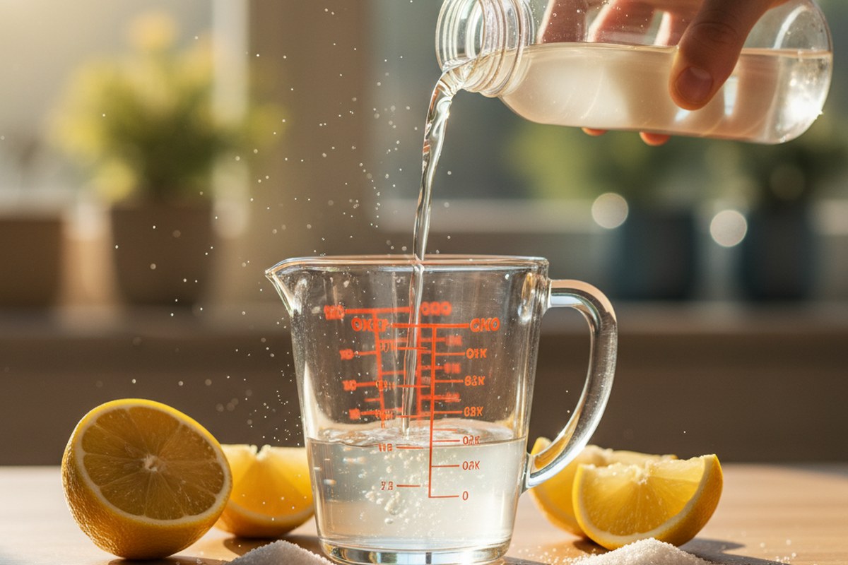 Préparation maison d'une boisson isotonique avec citron, sel et sucre dans une cuisine
