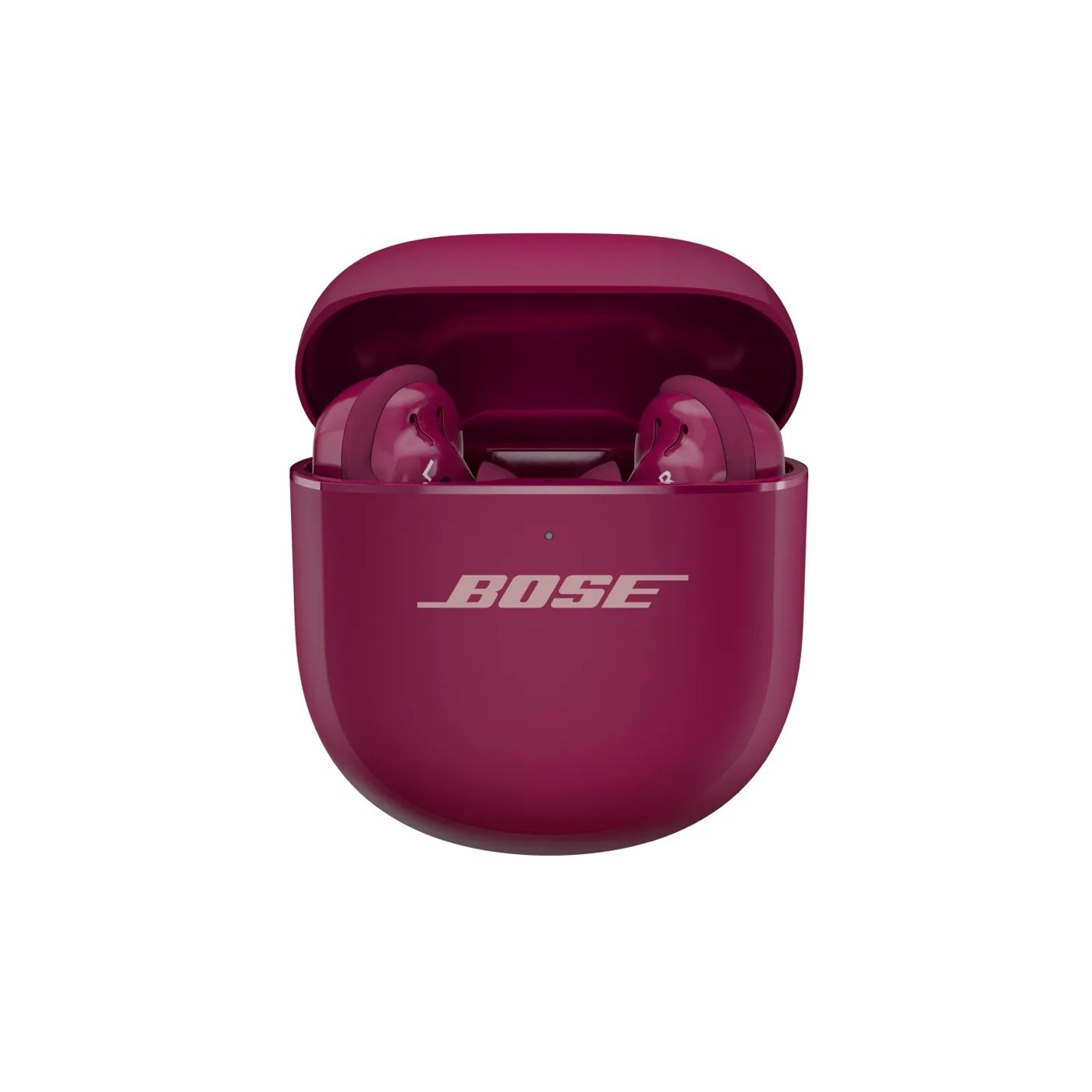 Bose QuietComfort Ultra Earbuds 2 dans leur boîtier de charge ouvert, coloris Deep Plum