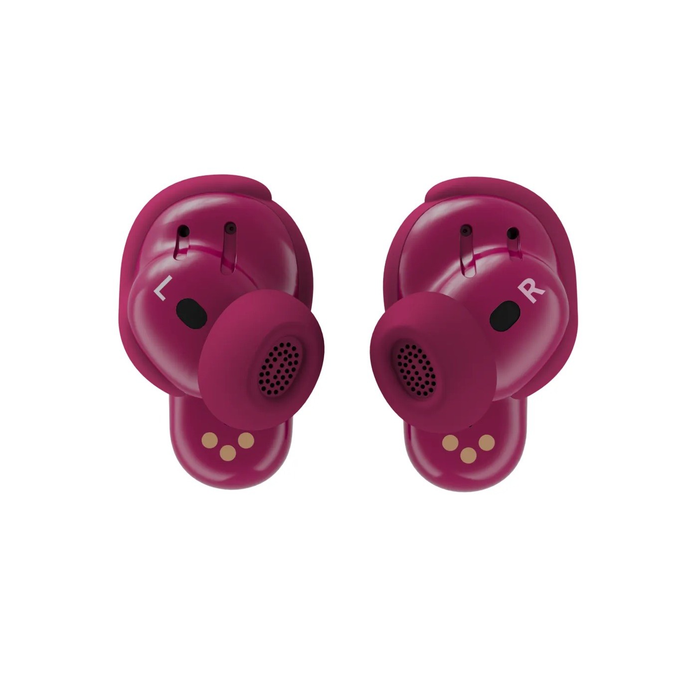 Bose QuietComfort Ultra Earbuds 2, vue arrière avec contacts de charge et marquages gauche et droite