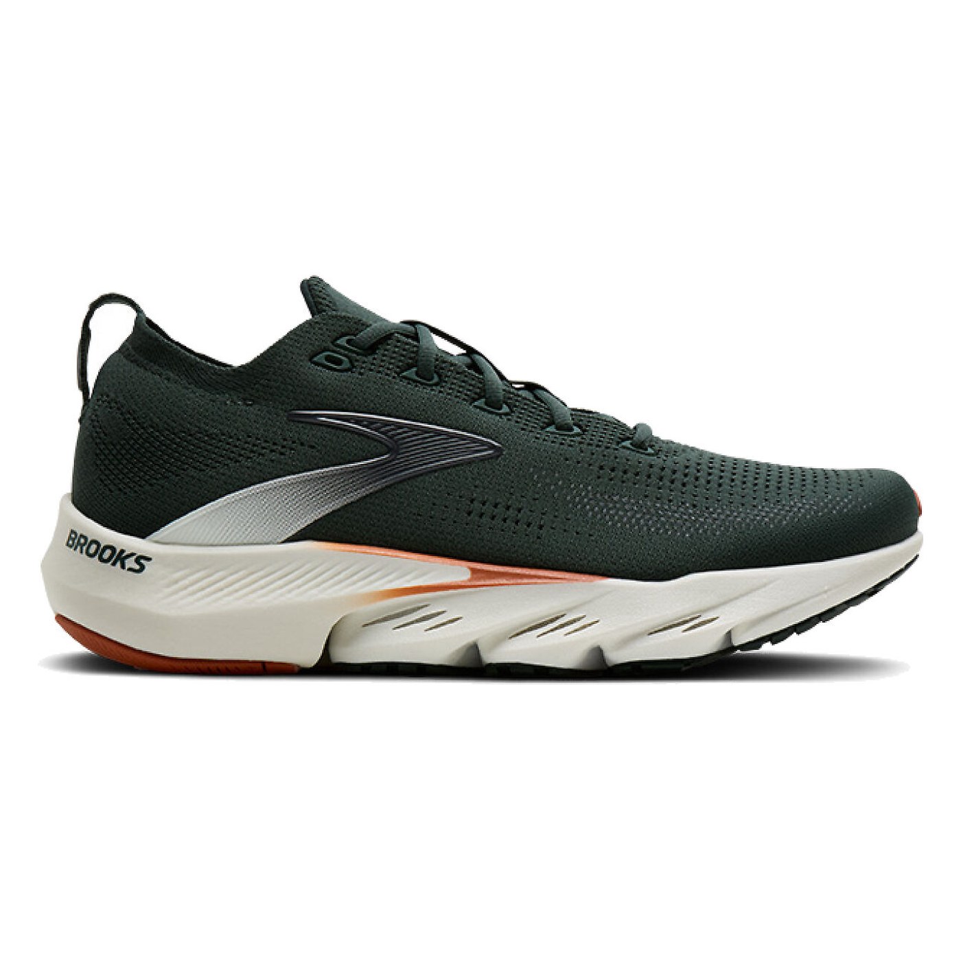 Brooks Glycerin Flex de profil, semelle DNA Tuned blanche avec insert orange et logo Brooks