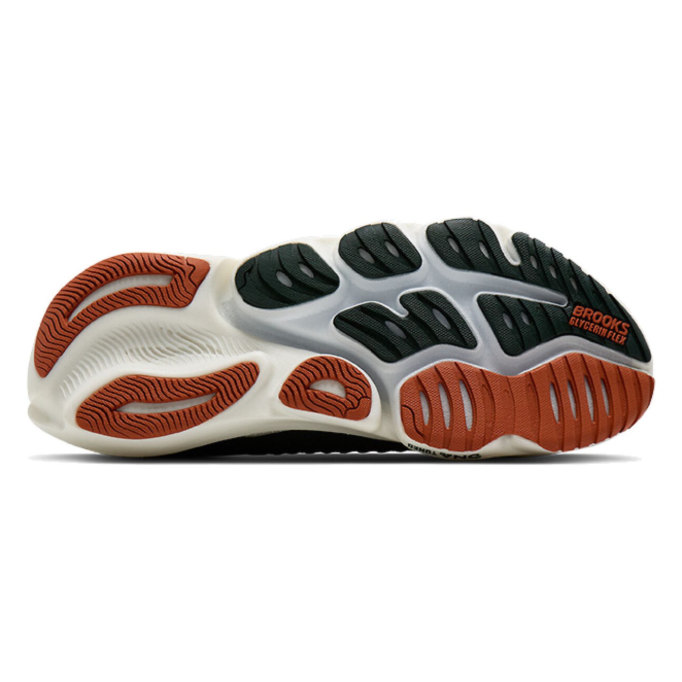 Semelle extérieure de la Brooks Glycerin Flex, pods de caoutchouc orange et noirs séparés par les rainures FlexZone
