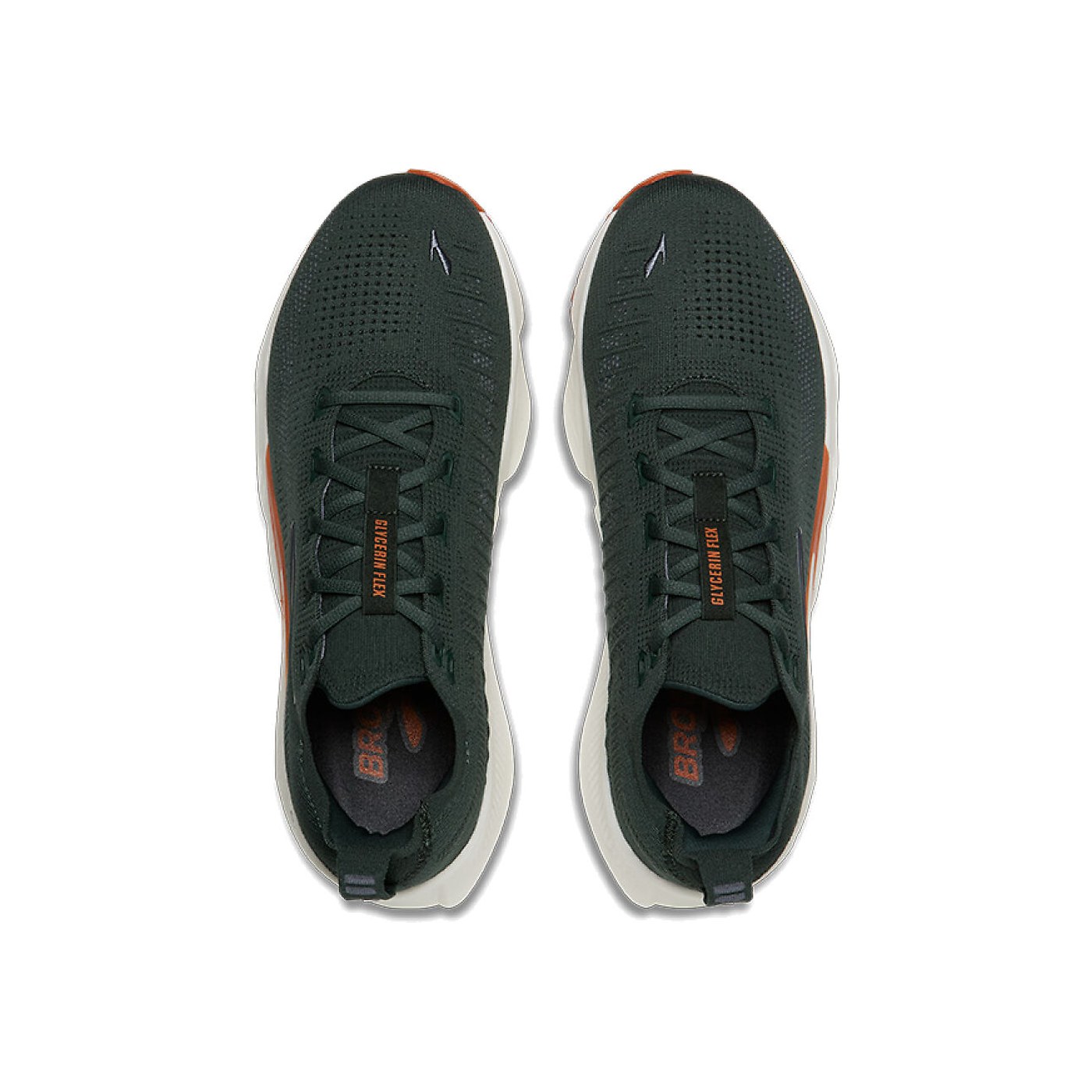 Paire de Brooks Glycerin Flex vue de dessus, tige flat knit verte et laçage