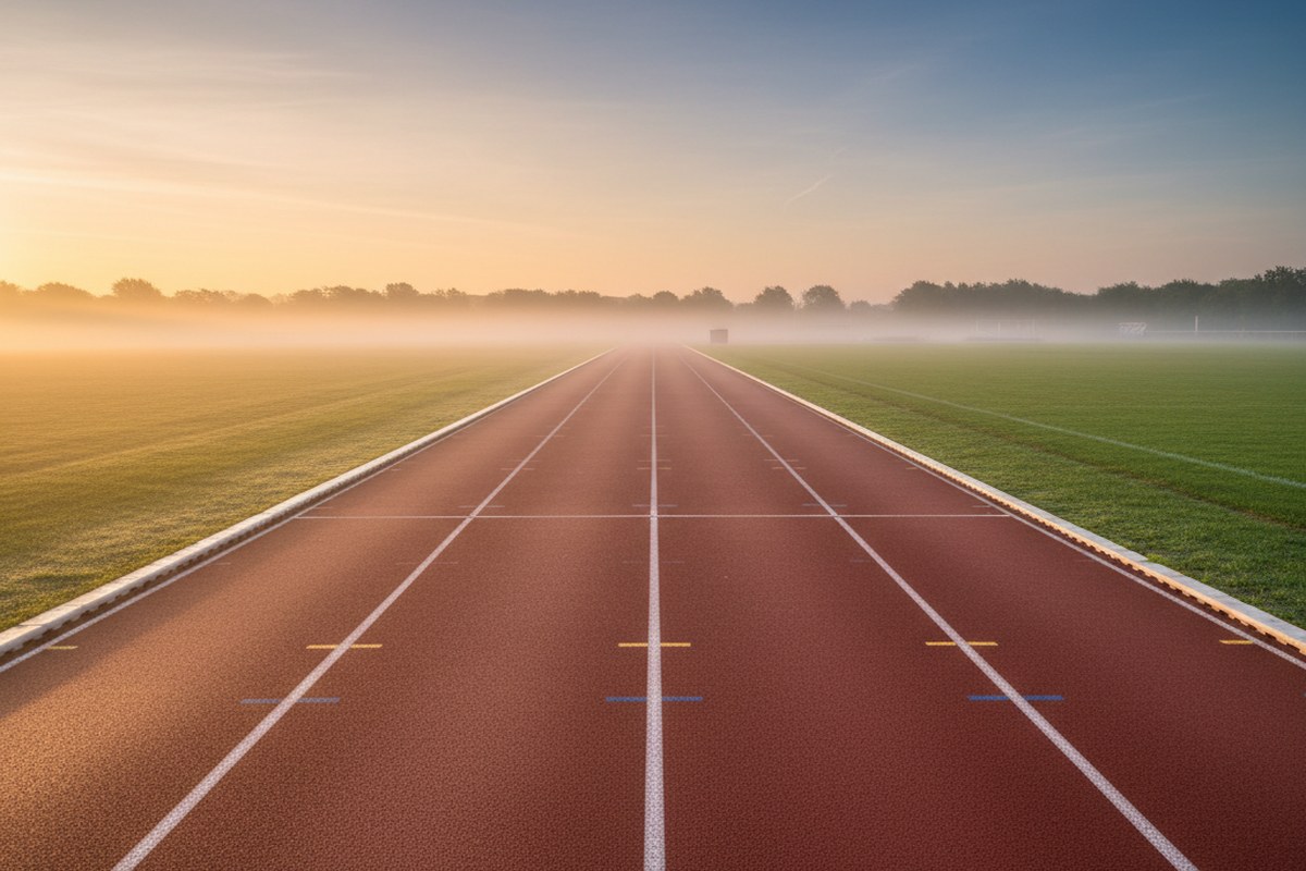 Piste d athletisme vide a l aube avec brume legere