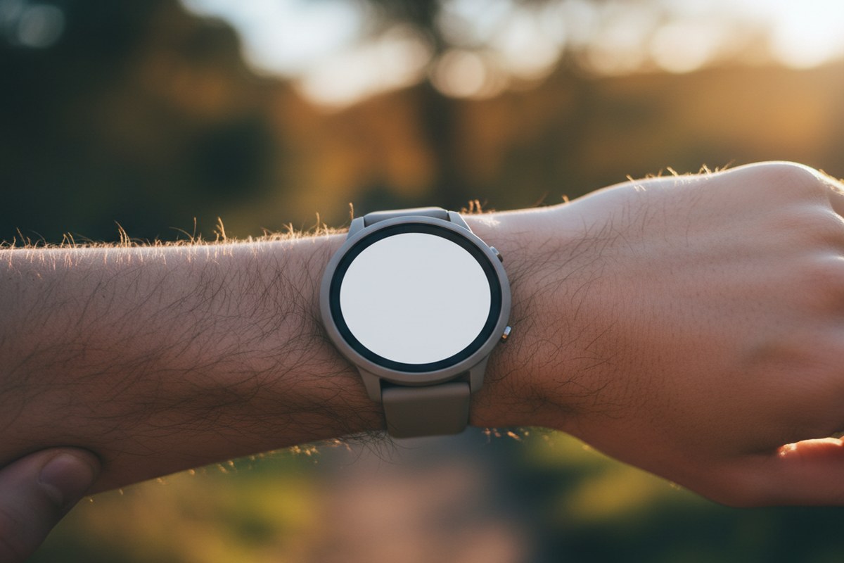 Gros plan sur une montre GPS au poignet a la lumiere du matin