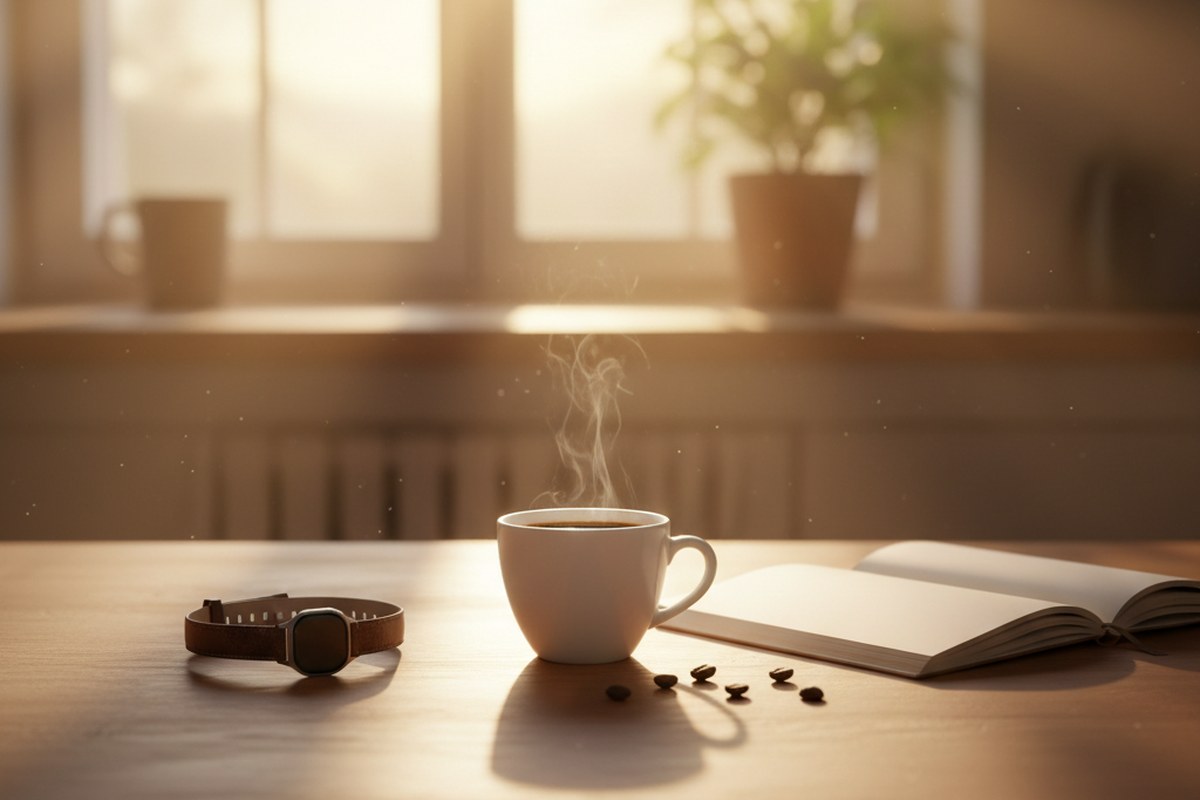 Tasse de café espresso fumante sur table en bois avec montre running et carnet, lumière du matin