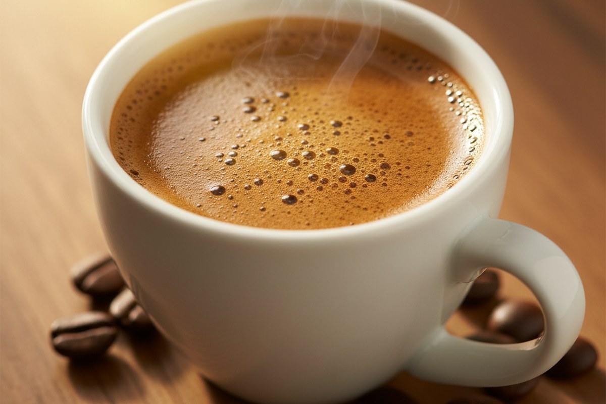 Gros plan sur une tasse de café espresso avec créma dorée et grains de café
