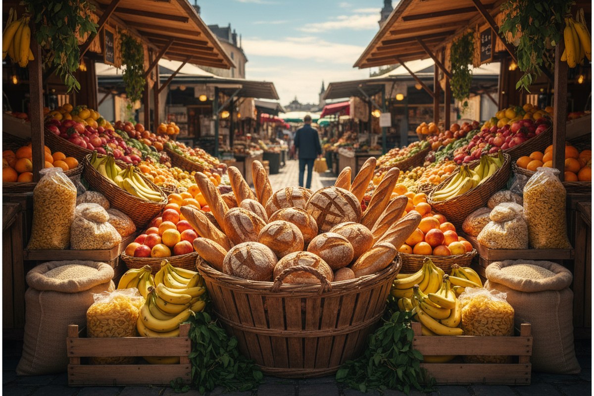 Etalage de marche avec pain, fruits et feculents, sources de glucides pour la charge glucidique