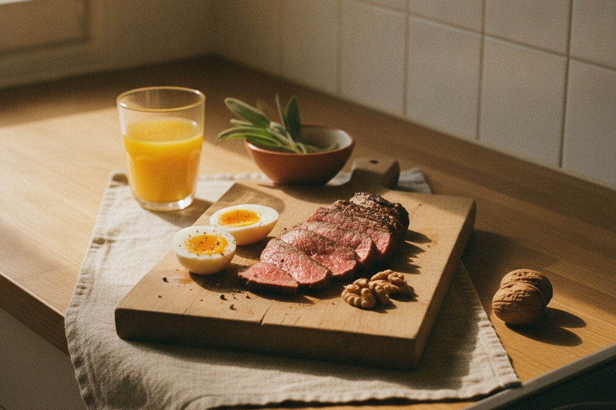 Assiette de viande rouge grillee, oeufs et fruits a coque sur un plan de cuisine ensoleille