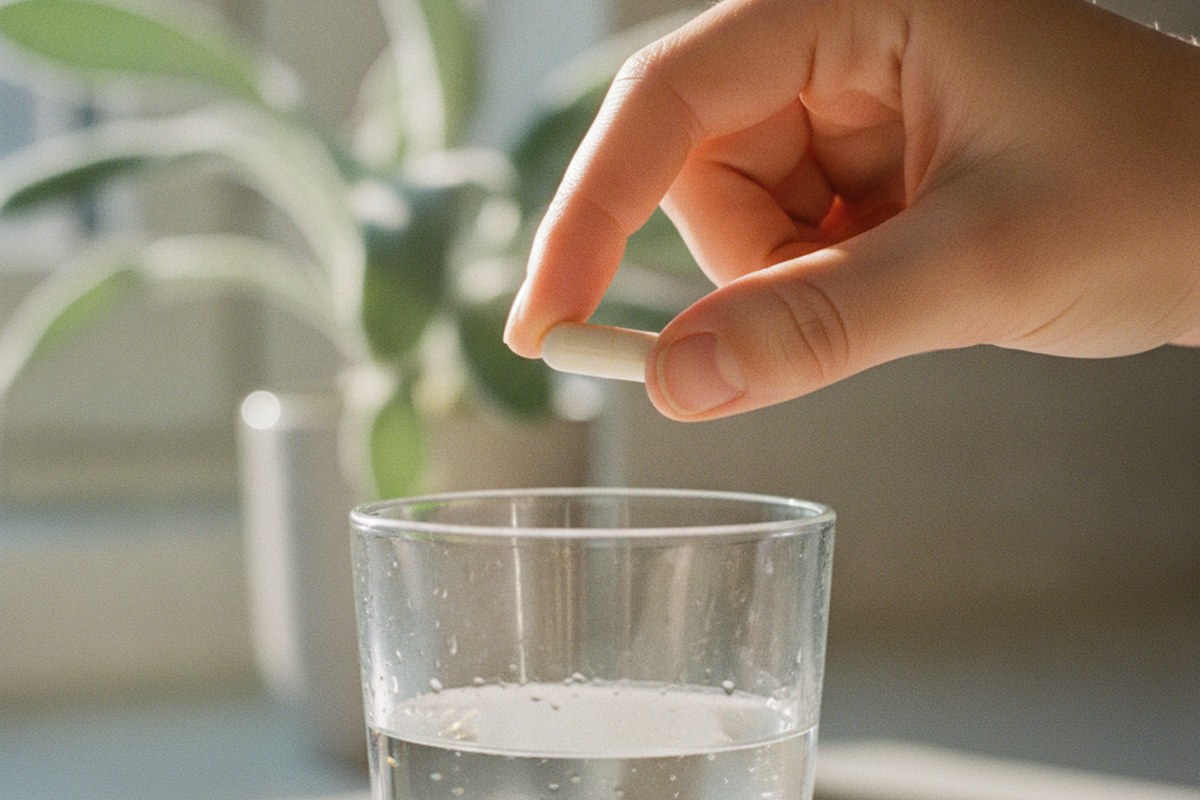 Gelule de complement alimentaire tenue au-dessus d'un verre d'eau