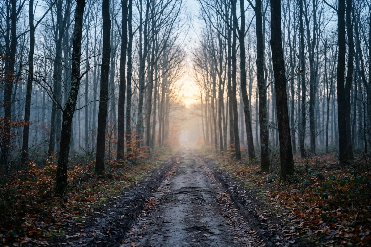 Sentier brumeux à l'aube avec une lumière froide et bleutée entre les arbres