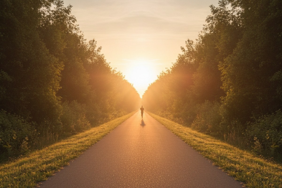 Sentier de course a pied au lever du soleil, lumiere doree, coureur silhouette au loin