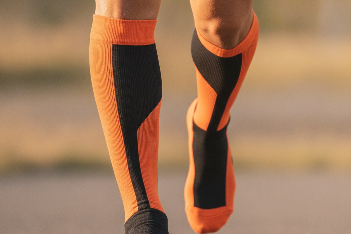 Gros plan sur les mollets d'un coureur portant des chaussettes de compression oranges