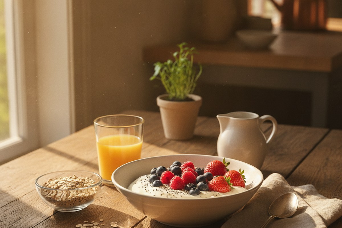 Petit-dejeuner du coureur avec yaourt aux fruits et jus d orange sur une table ensoleilee