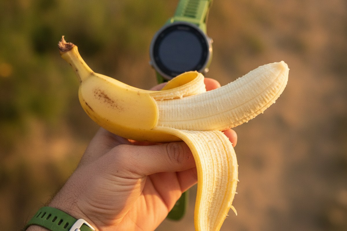 Gros plan d une banane tenue en main avec une montre GPS de sport visible en arriere-plan