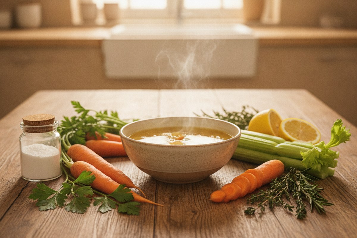 Bol de bouillon d'os et legumes frais sur une table en bois ensoleilee, lumiere naturelle du matin