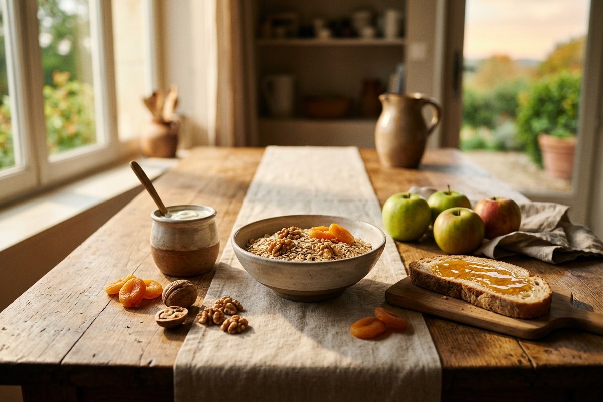 Table de cuisine en bois avec flocons d'avoine, yaourt, abricots secs, noix, pommes et tartine de miel