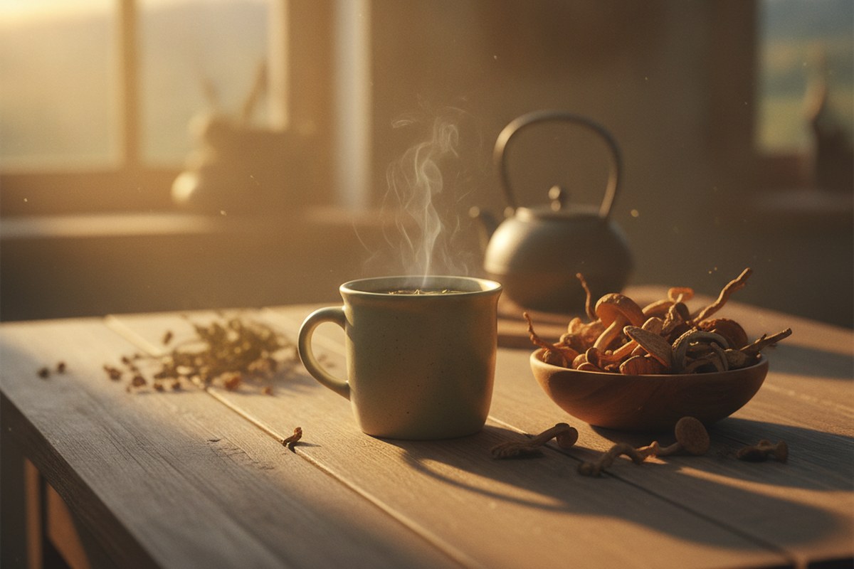 Tasse de tisane fumante et bol de champignons séchés sur une table en bois au lever du soleil