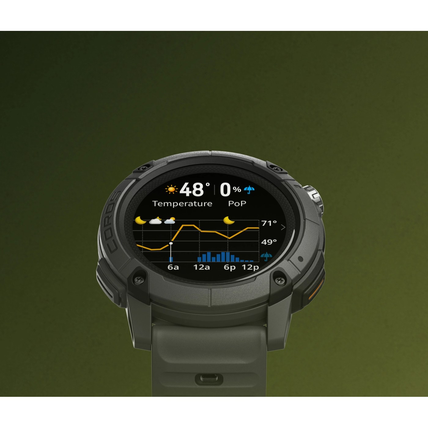 COROS Nomad coloris Forest Green vue 3/4 face avec écran météo allumé