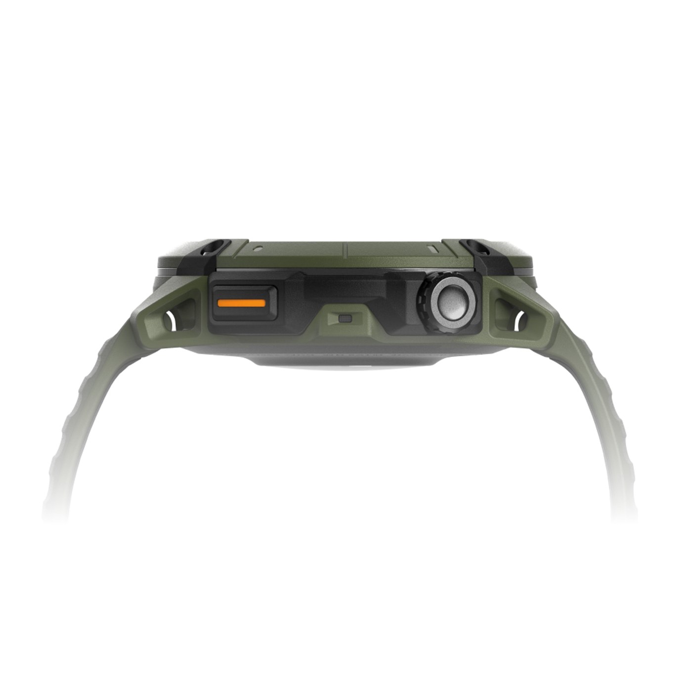 COROS Nomad profil latéral montrant le bouton d'action orange et la couronne digitale