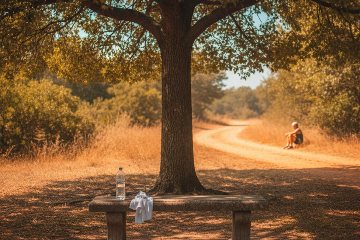 Coin d'ombre frais avec bouteille d'eau au bord d'un sentier en plein soleil