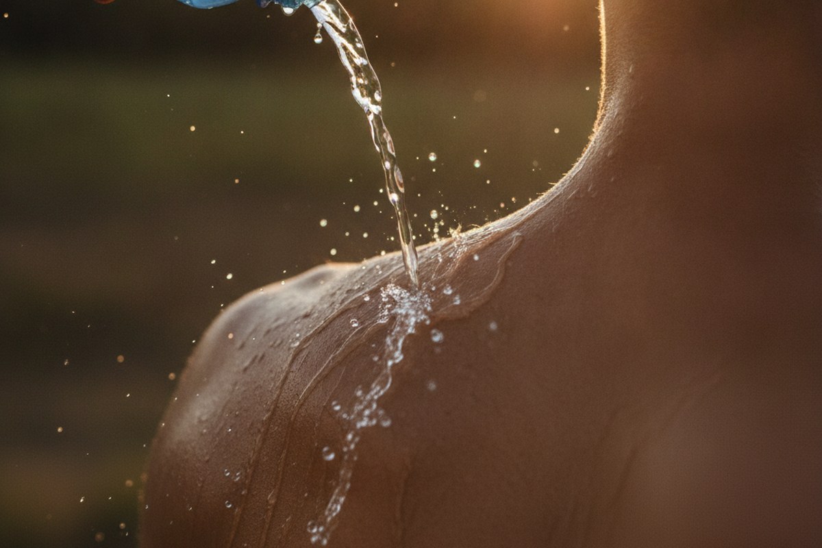 Eau froide versee sur la nuque d'un coureur, gouttes en suspension