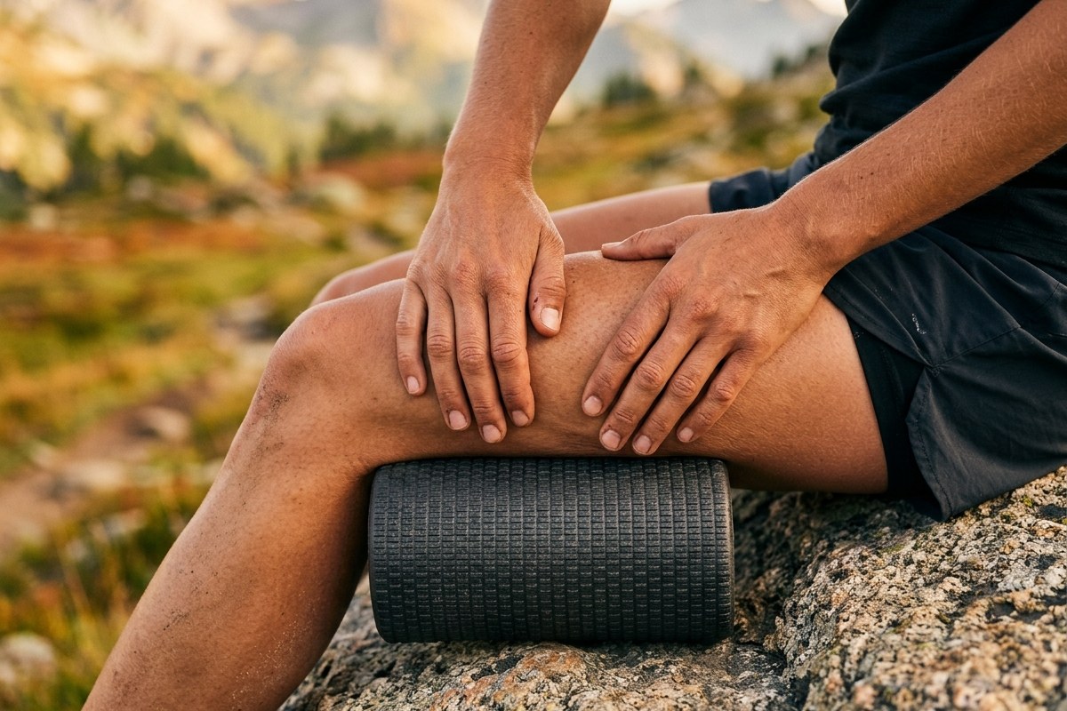 Gros plan sur des mains massant un quadriceps avec un foam roller après une sortie en montagne