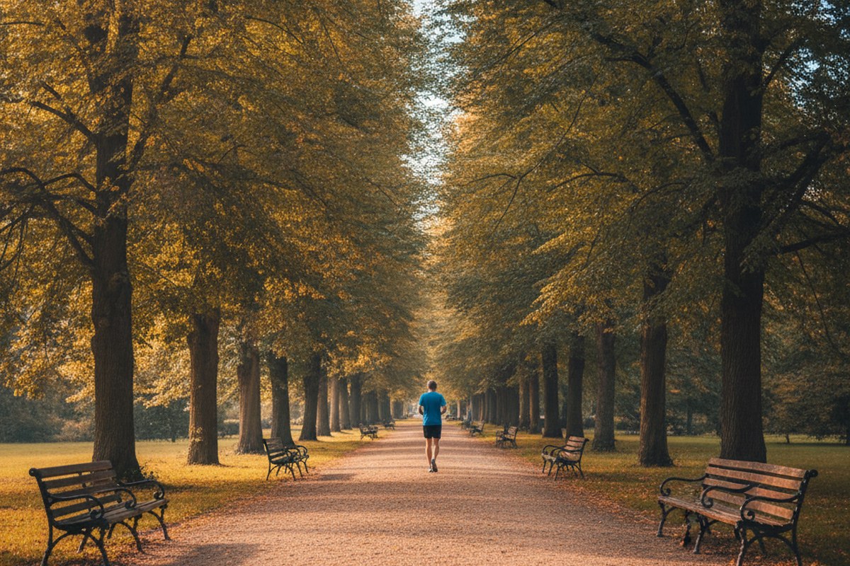 Coureur qui marche pour récupérer sur une allée ombragée au petit matin