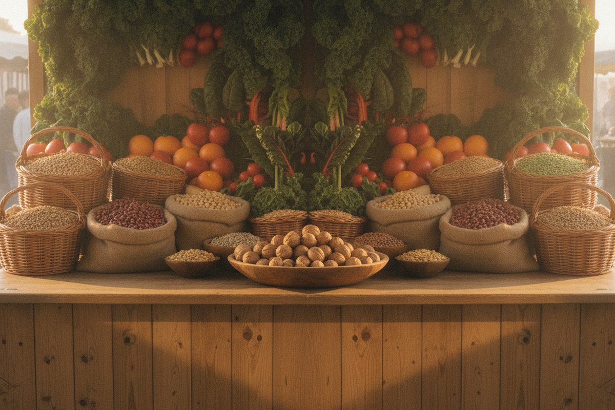 Étal de marché avec lentilles, pois chiches, graines et fruits frais