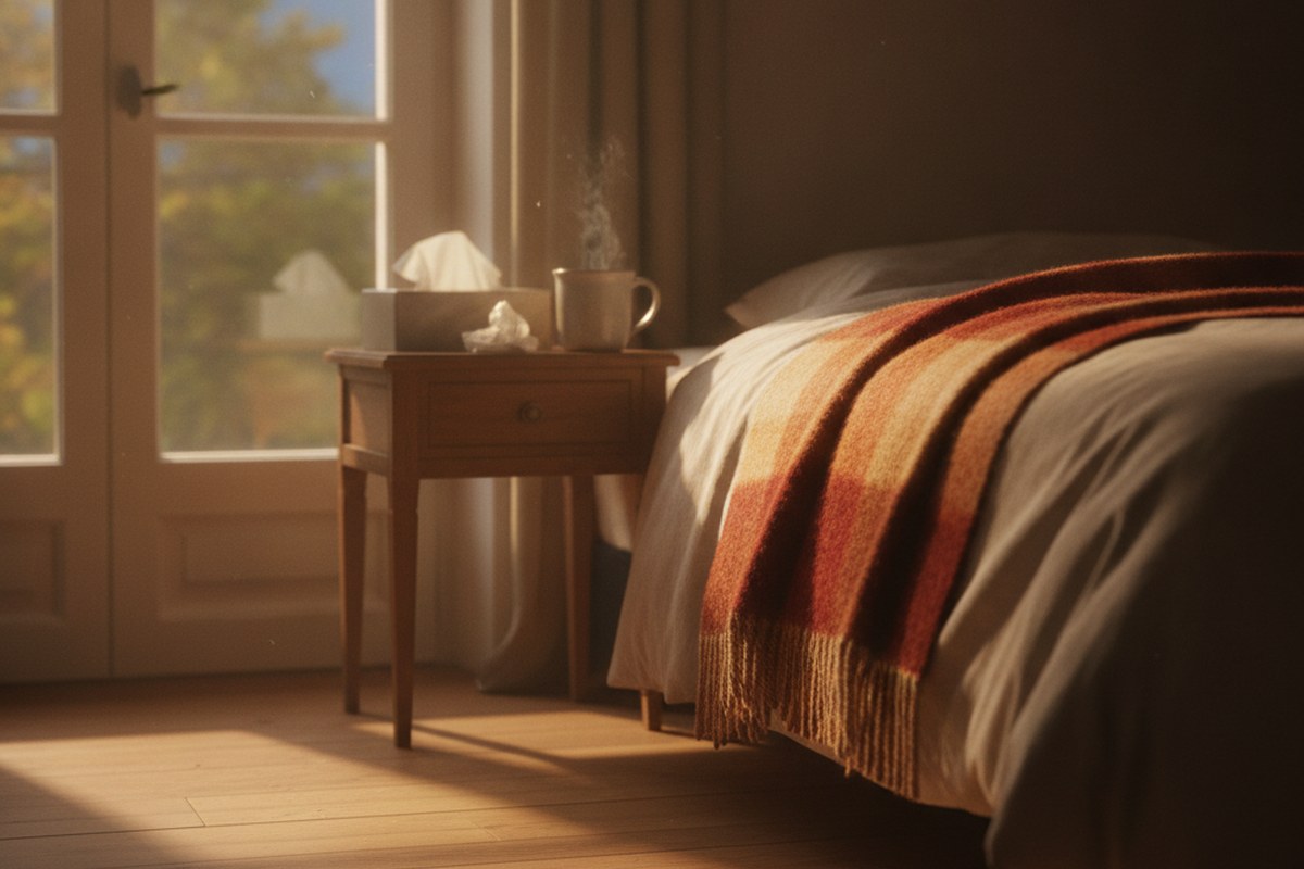 Chambre chaleureuse baignée de lumière avec plaid, tisane et mouchoirs sur une table de chevet