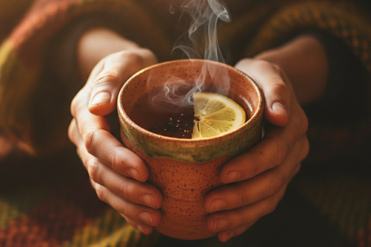 Gros plan sur deux mains tenant une tasse de tisane fumante avec une rondelle de citron