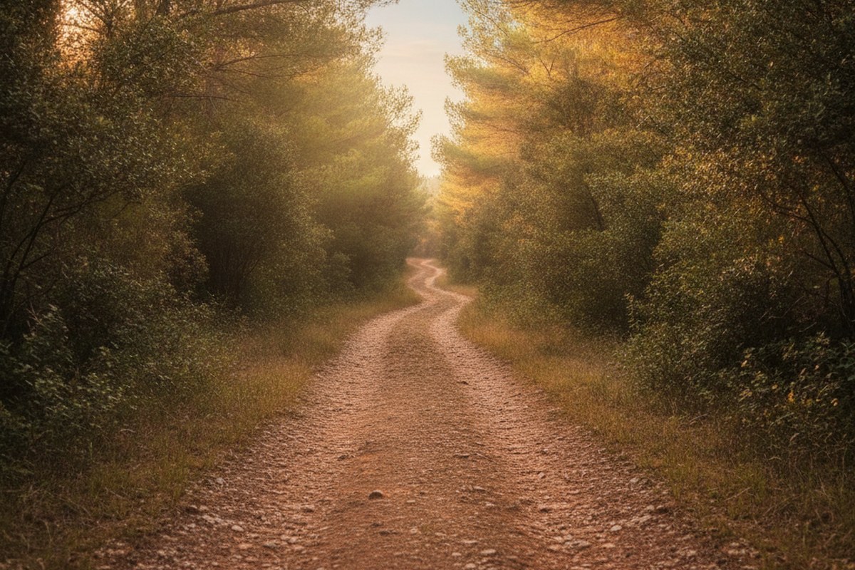 Sentier de forêt de pins désert au petit matin d'été