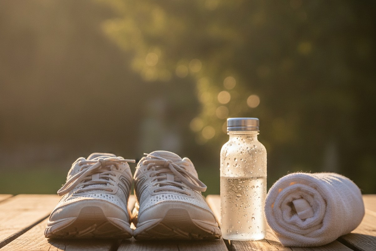 Chaussures de running et bouteille d'eau posées sur une terrasse ensoleillée