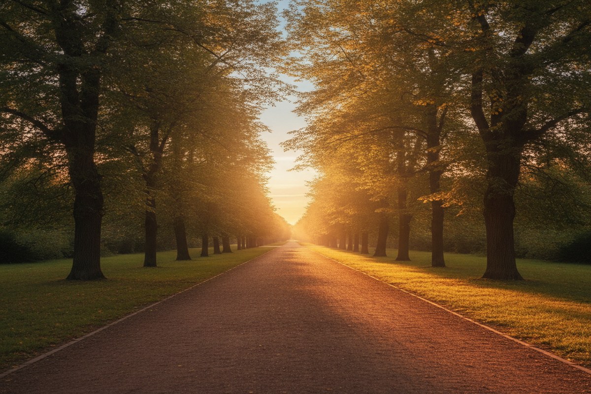 Sentier de parc ombrage au lever du soleil, ideal pour courir enceinte