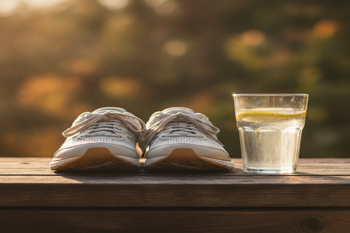 Chaussures de running et verre d'eau avec citron sur table en bois