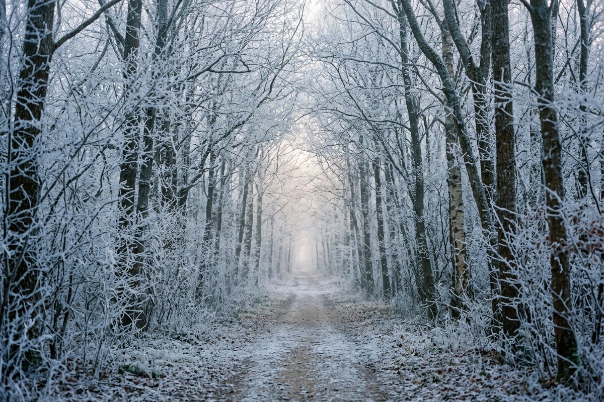 Sentier forestier couvert de givre au petit matin d'hiver