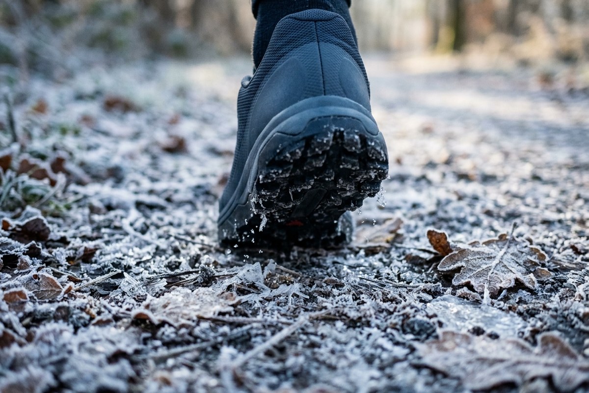 Gros plan sur une chaussure de running touchant un sol couvert de givre