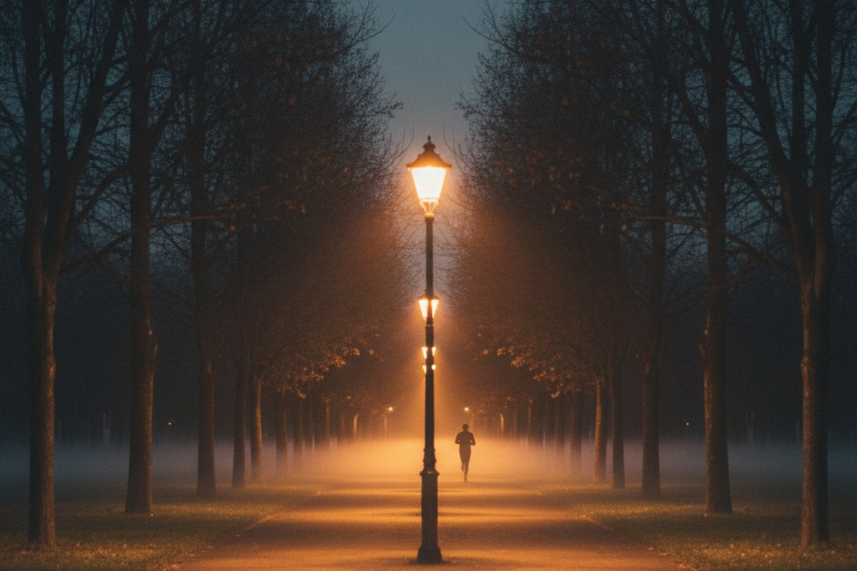 Allee de parc eclairee par des lampadaires au crepuscule, silhouette d'un coureur au loin