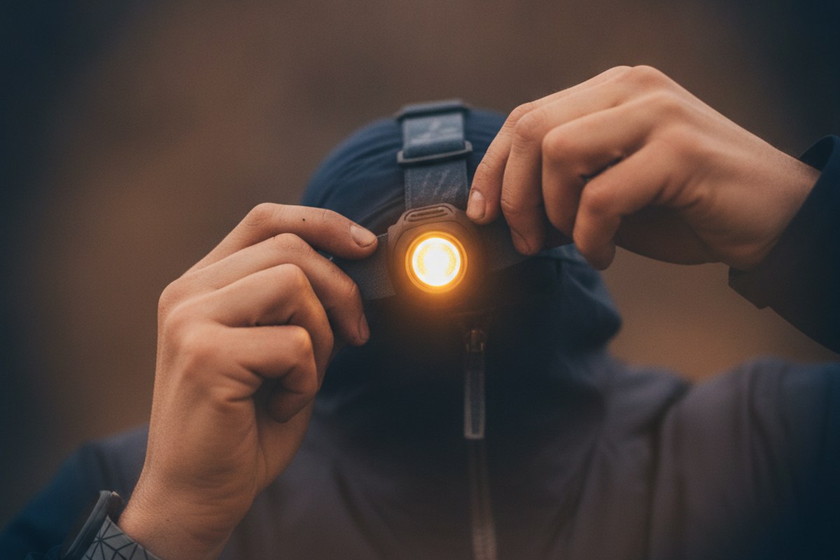 Gros plan sur des mains qui ajustent une lampe frontale de running allumee