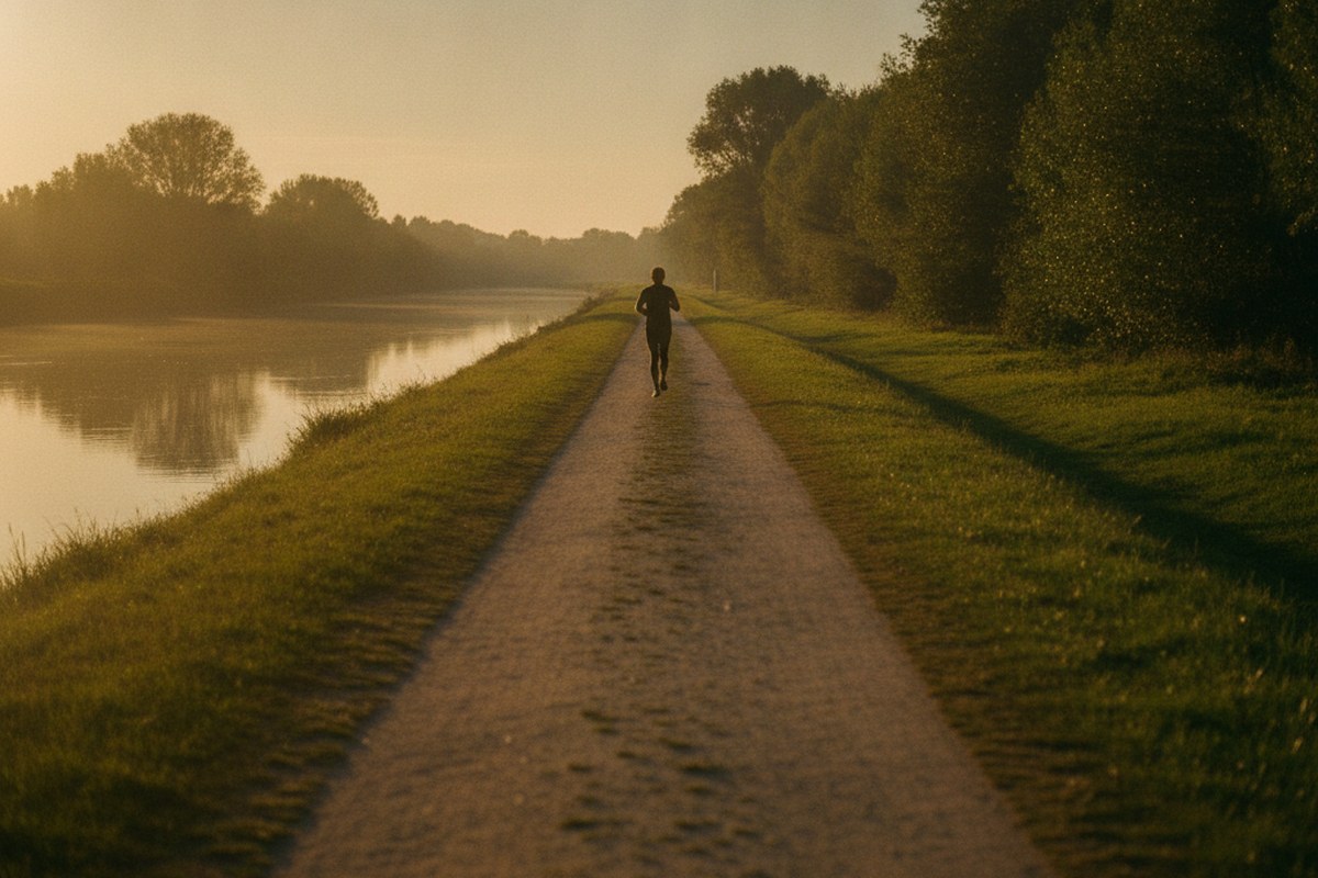 Chemin de halage le long d'une rivière au coucher du soleil avec un coureur au loin