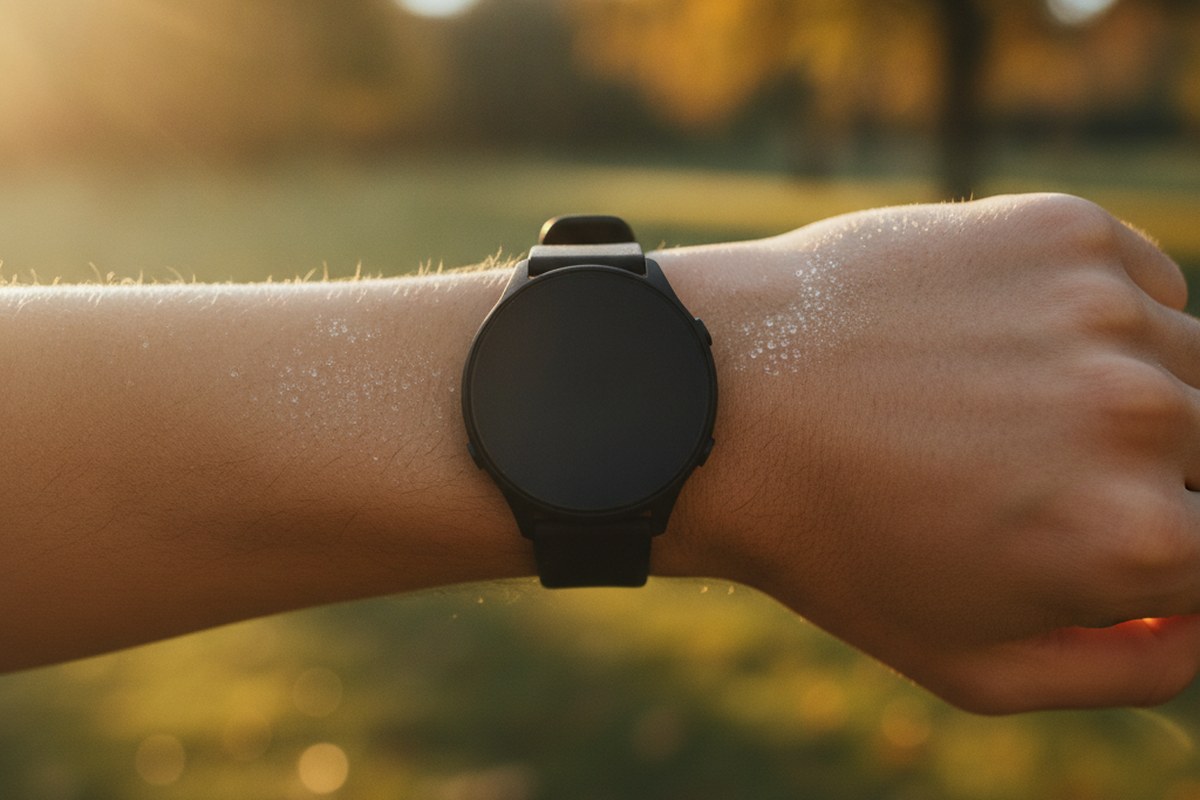 Gros plan d'un poignet portant une montre de sport à l'écran éteint, lumière dorée